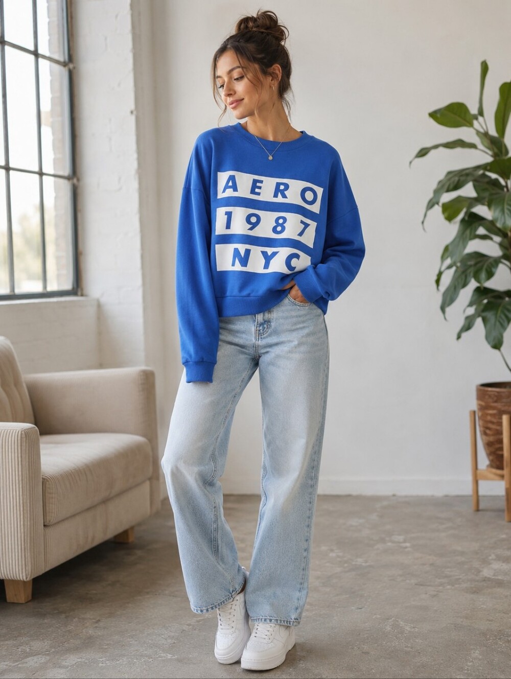 Aeropostale AERO 1987 NYC Blue Fleece Pullover Sweatshirt XL